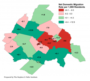Map of Net Domestic Migration Rates By Jurisdiction in the Washington Region, 2015-2016