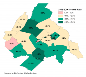 Map of Population Growth By Jurisdiction in the Washington Region, 2015-2016